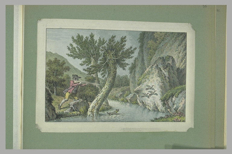 Chasseur tirant sur un vol d'oiseaux