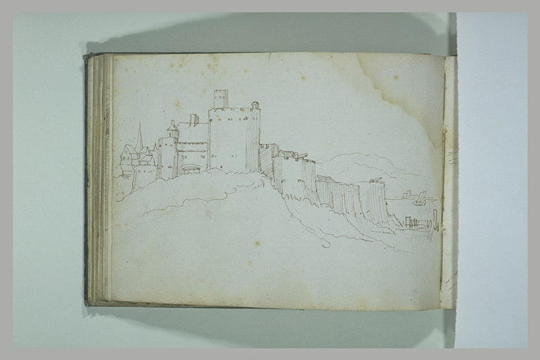 Paysage avec des constructions et remparts à flanc de colline