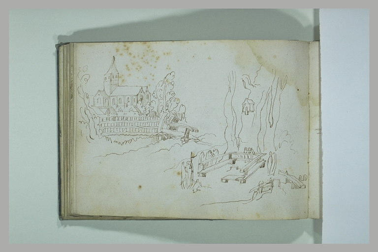 Paysage avec une église ; groupe de personnages