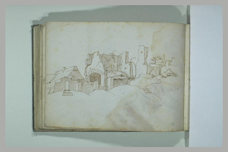 Paysage avec un groupe d'habitations en ruines