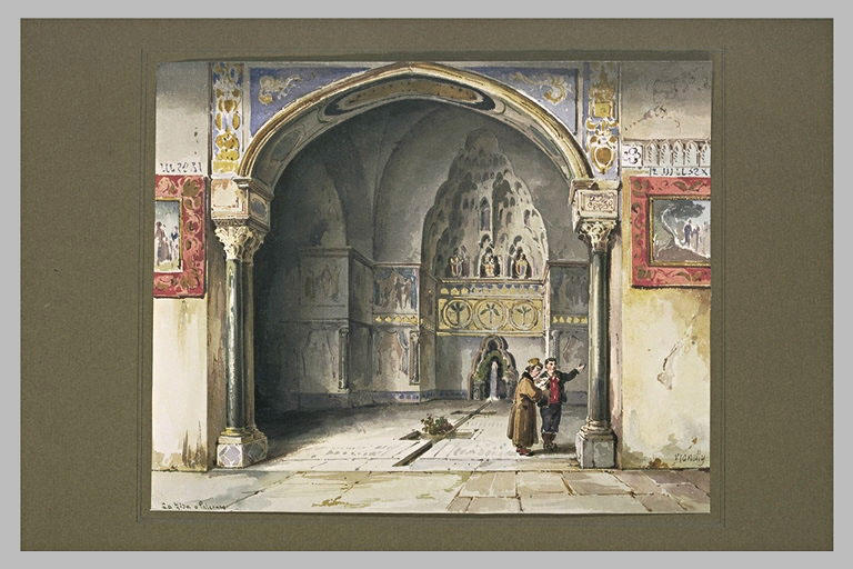 Intérieur d'un édifice religieux décoré de fresques