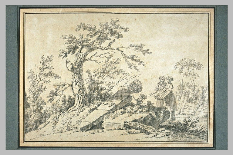 Sous un arbre, un dieu terme renversé, et deux paysannes