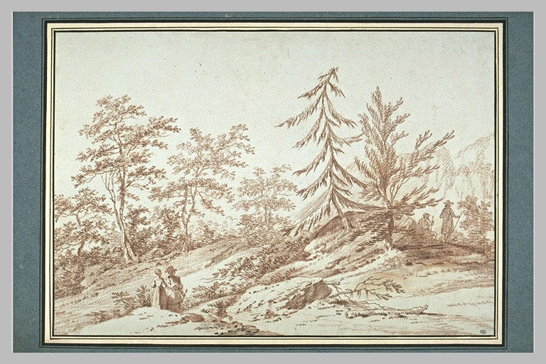 Terrain boisé, animé de personnages