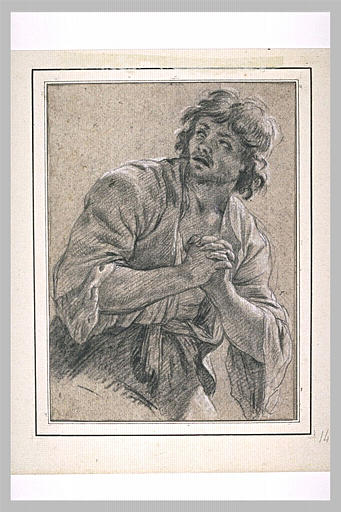 Homme, à mi-cors, les mains jointes, tournant la tête à gauche