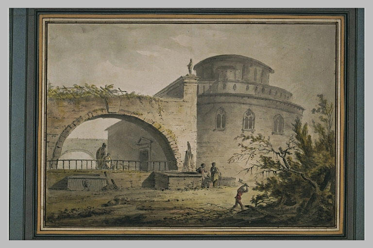 Personnages près d'une église