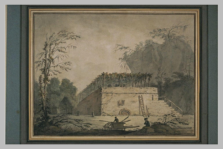 Vaste bâtiment surmonté d'une tonnelle, dans un parc