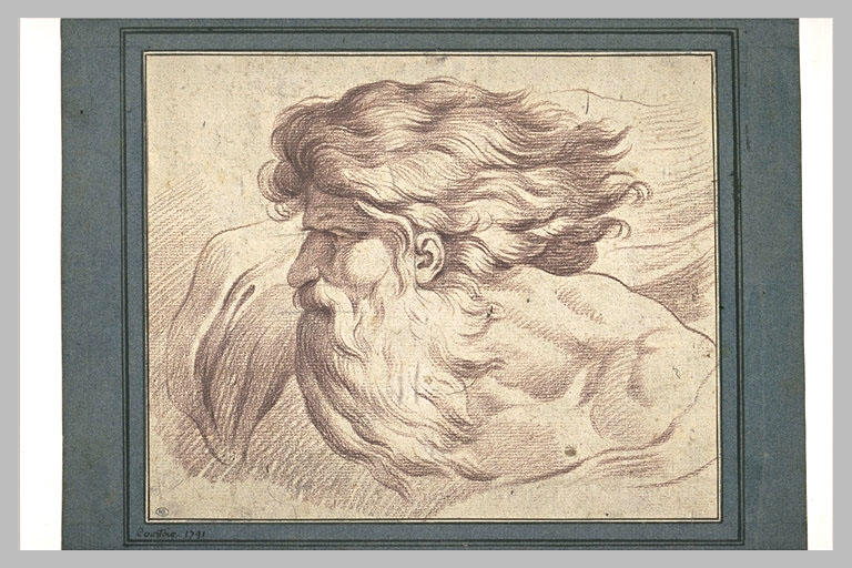 Tête d'homme, cheveux au vent, de profil à gauche