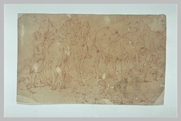 Hommes faisant boire des chevaux