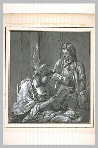 Femme assise, lisant une lettre, devant un jeune homme debout, découvert