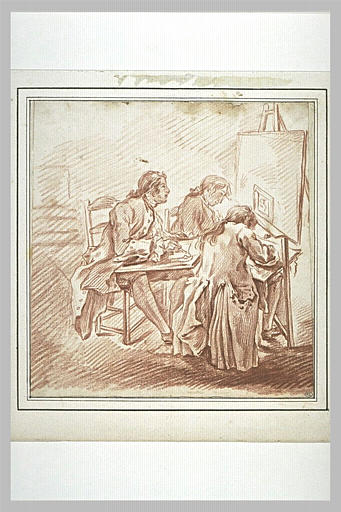 Trois jeunes artistes copiant un petit tableau