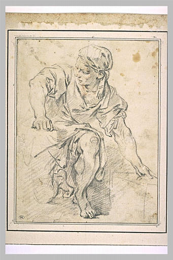 Homme, vêtu d'une robe, assis