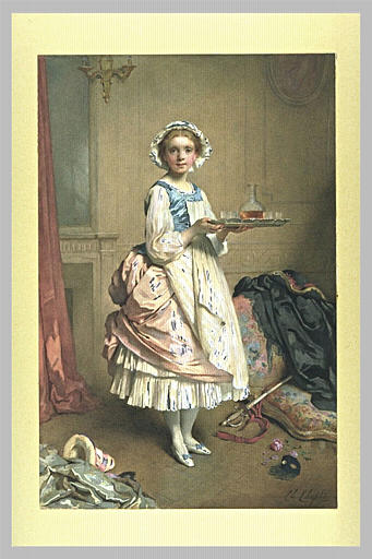 Jeune soubrette Louis XV, tenant un plateau dans un intérieur