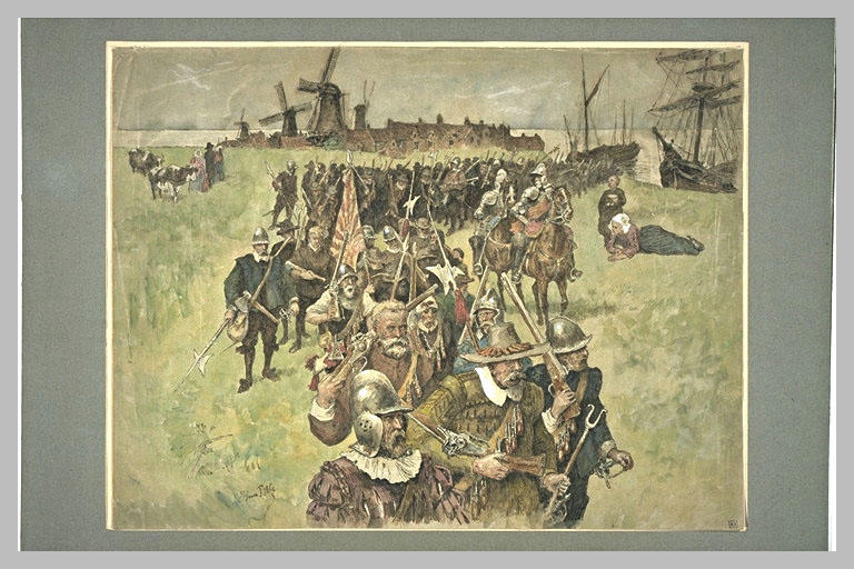 Personnages en costume militaire du XVIIe siècle ; débarquement en Hollande