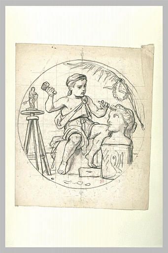 Enfant vêtu d'une tunique, taillant une tête de marbre