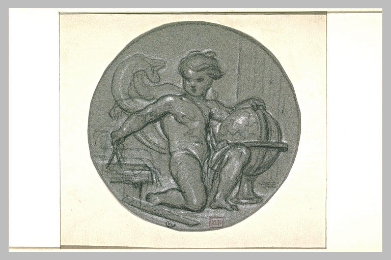 Enfant nu, tenant une sphère et un compas