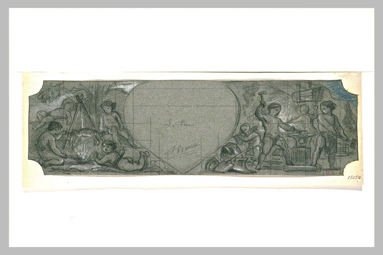 Frise d'enfants faisant la cuisine ou forgeant : allégorie du Feu