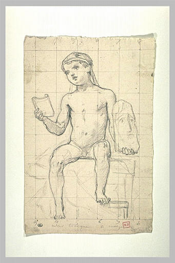 Jeune garçon, assis, tenant un papyrus déroulé et un masque de théâtre