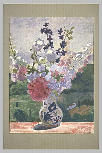 Vase de fleurs sur le rebord d'une ouverture laissant voir un paysage en...