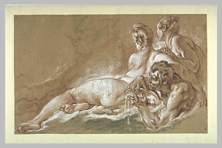 Naïades et Triton : face aux deux naïades, le triton tient une conque