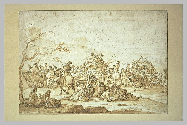 Scène de la vie militaire : arrêt près des charriots