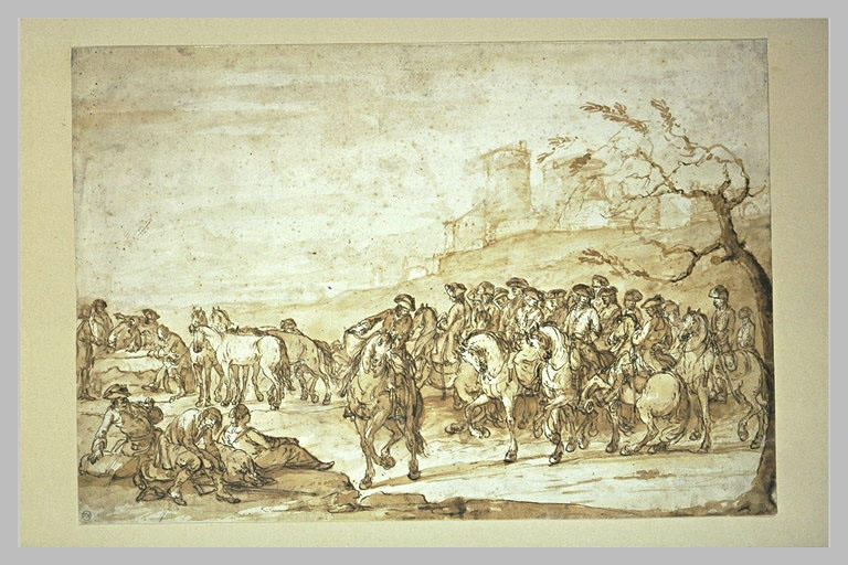 Scène de la vie militaire : peloton de cavaliers et figures assises