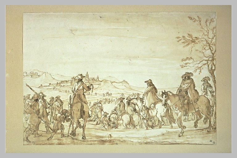 Scène de la vie militaire : défilé de troupes dans un paysage