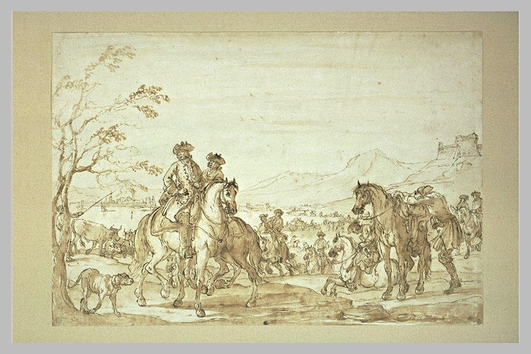 Scène de la vie militaire : cavaliers dans un paysage montagneux