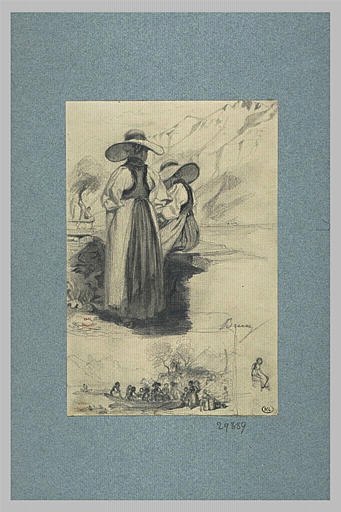 Deux femmes coiffées de chapeaux ; gens dans une barque ; croquis de femme