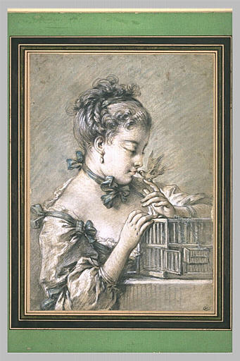 Jeune femme à mi-corps, tenant un oiseau qui becquette sa bouche