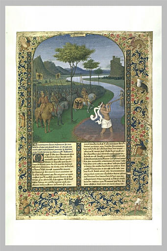 Page enluminée : le Passage du Rubicon par César