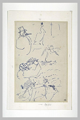 Croquis : homme coiffé d'un chapeau, silhouette de femme, et deux danseuses