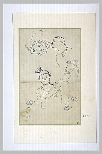 Tête de femme et d'homme, clown en buste et deux profils d'homme barbus