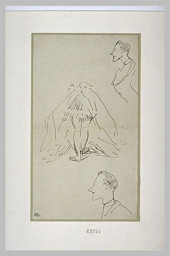 Feuille de croquis : personnage de dos, et deux profils du même homme
