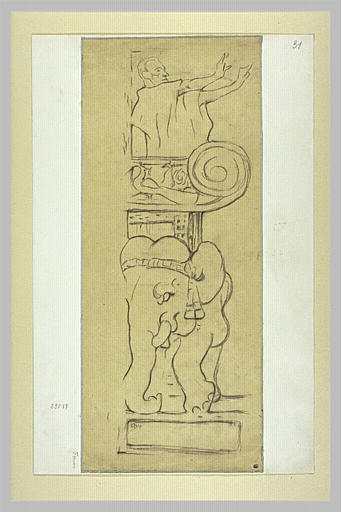 Homme debout, en orateur, sur un haut siège porté par des éléphants