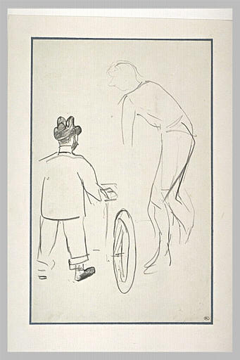 Lautrec de dos, semble tenir une bicyclette, et silhouette d'un cycliste