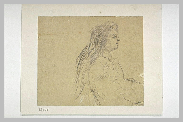 Femme, en buste, de profil, vêtue d'une camisole