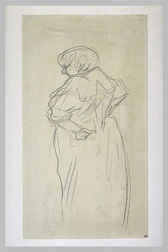 Femme debout, ramenant en arrière ses mains sur ses hanches