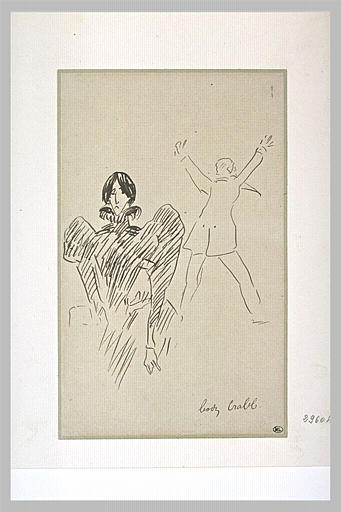 Femme vêtue d'une robe à manches bouffantes, et homme vu de dos fuyant