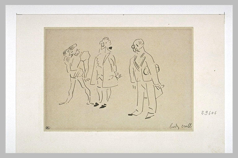 Trois personnages, en costume Henri III, Louis XIV, de soirée, saluant