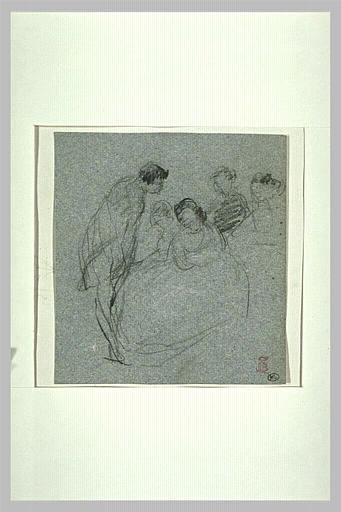 Groupe de personnages conversant, autour d'une femme assise