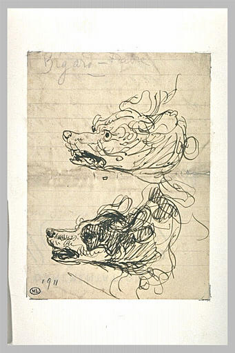 Deux têtes de chien, de profil, à gauche