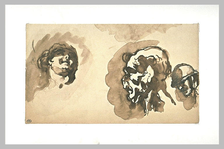 Tête d'une femme renversée et souriante, profil d'homme, et tête de soldat