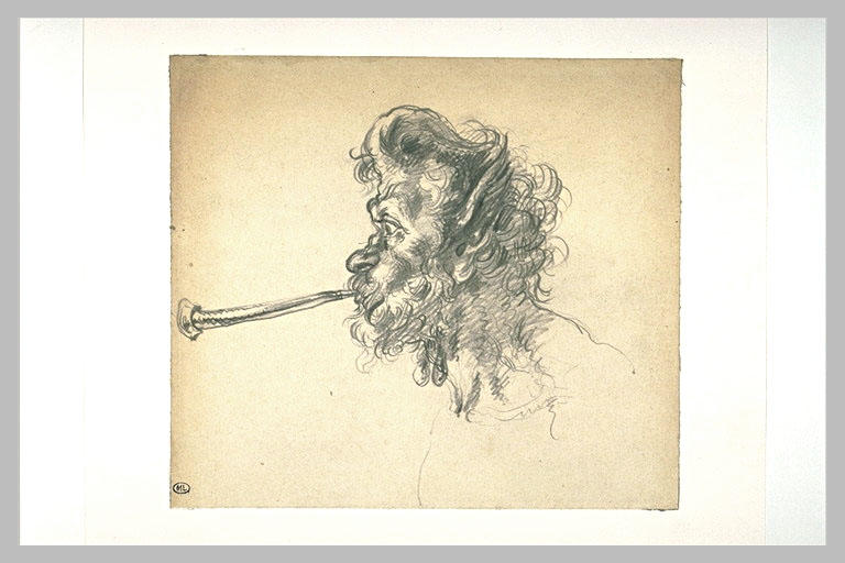 Profil d'homme soufflant dans une trompe