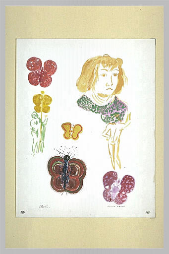 Études de papillons, de chenille, de jeune femme et d'un personnage