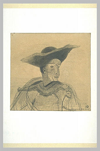 Homme au grand chapeau noir, vêtu d'un pourpoint