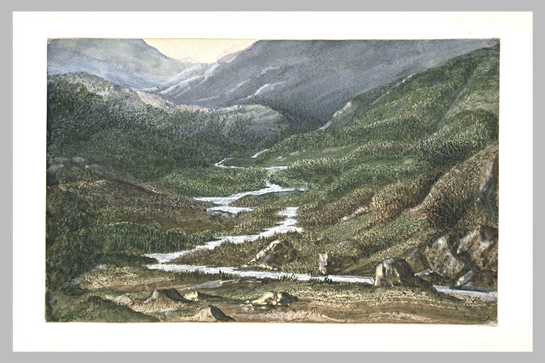 Paysage avec un cours d'eau sinueux dans un site de haute montagne