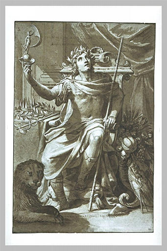 Allégorie de l'Honneur : jeune homme levant une statuette de la Fortune