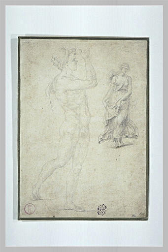 Figure d'homme nu, marchant, et femme, vue de face, drapée