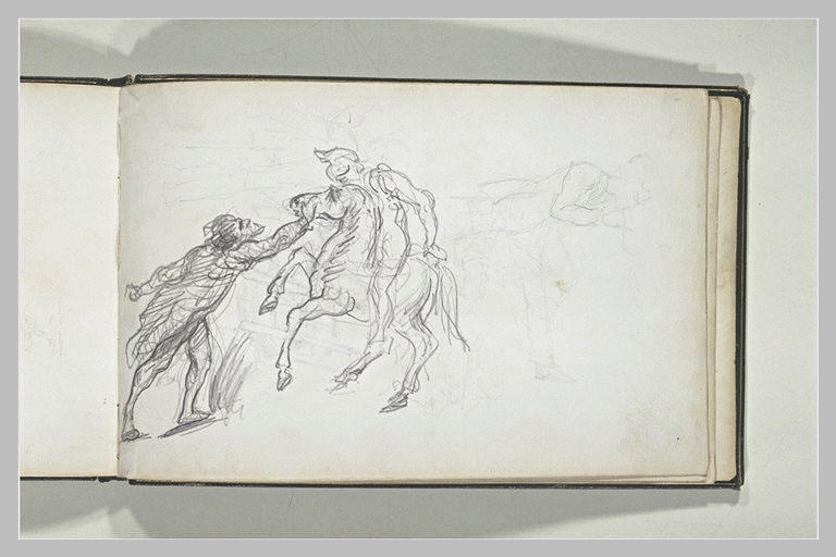 Scène de genre, avec un cavalier, et croquis de personnages
