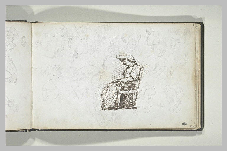 Etude d'une femme assise, de profil, et croquis de visages